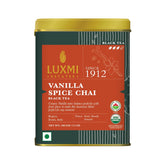 Luxmi Estates Vanilla Spice Chai Black Tea - 100gm Tin, 3.5 Ounce, 50 Cups | USDA Certified Organic Black Tea - Gluten Free, High Caffeine Tea Bags | Darjeeling & Assam Tea From India